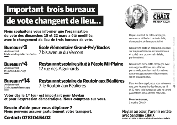 Nous souhaitons vous informer que l’organisation du vote des dimanches 15 et 22 mars a été modifiée, avec le changement de lieu de trois bureaux de vote. n°3 - N°4 et N°14