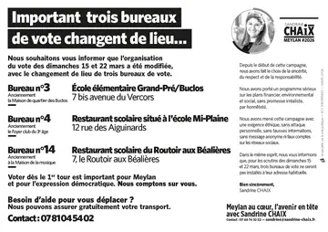 Nous souhaitons vous informer que l’organisation du vote des dimanches 15 et 22 mars a été modifiée, avec le changement de lieu de trois bureaux de vote. n°3 - N°4 et N°14