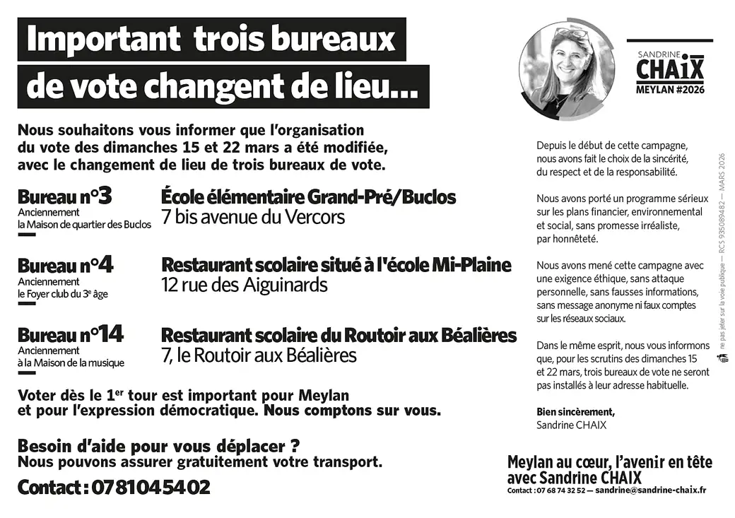 Nous souhaitons vous informer que l’organisation du vote des dimanches 15 et 22 mars a été modifiée, avec le changement de lieu de trois bureaux de vote. n°3 - N°4 et N°14