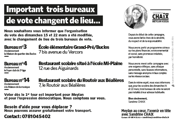Important trois bureaux de vote changent de lieu…