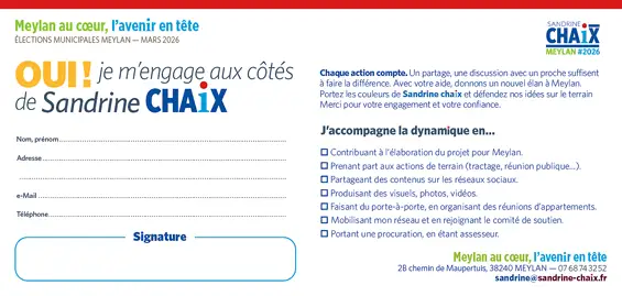 Oui je me mobilise aux cotés de Sandrine CHAIX — Chaque action compte. Un partage, une discussion avec un proche suffisent à faire la différence. Avec votre aide, donnons un nouvel élan à Meylan. Portez les couleurs de Sandrine Chaix et défendez nos idées sur le terrain. Merci pour votre engagement et votre confiance.