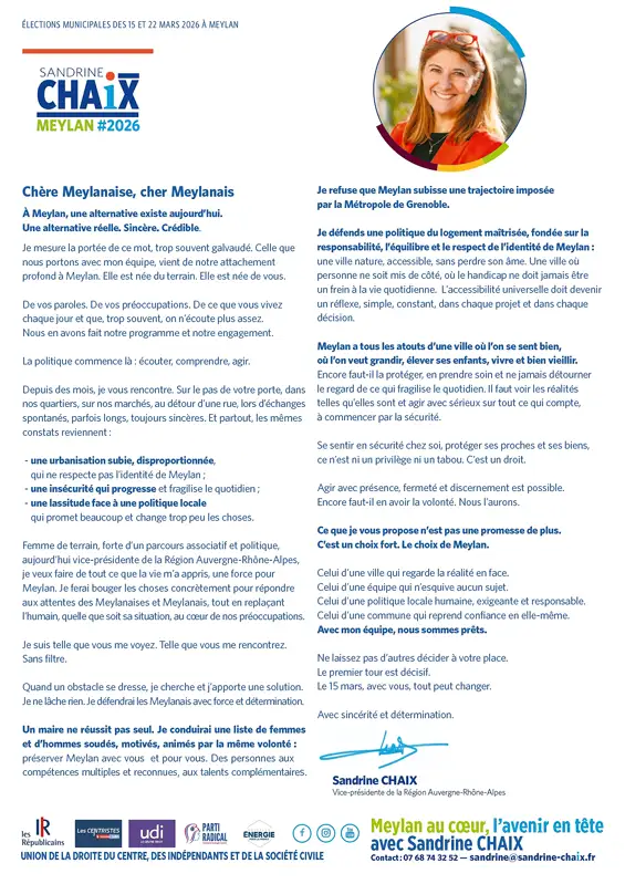 Profession de foi - 1er Tour - Sandrine CHAIX municipales Meylan